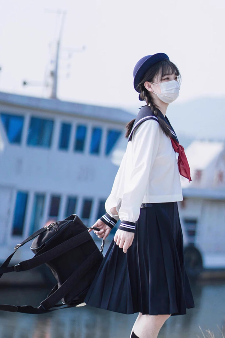 White/Dark Blue Long Sleeves Sweet Japanese School Skirt Set - Product - 11