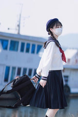 White/Dark Blue Long Sleeves Sweet Japanese School Skirt Set - Product - 11