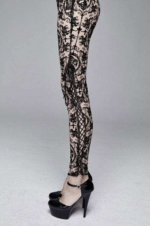 Brown Flocking Printing Mesh Side Lace Up Leggings Womens Pants - Product - 7