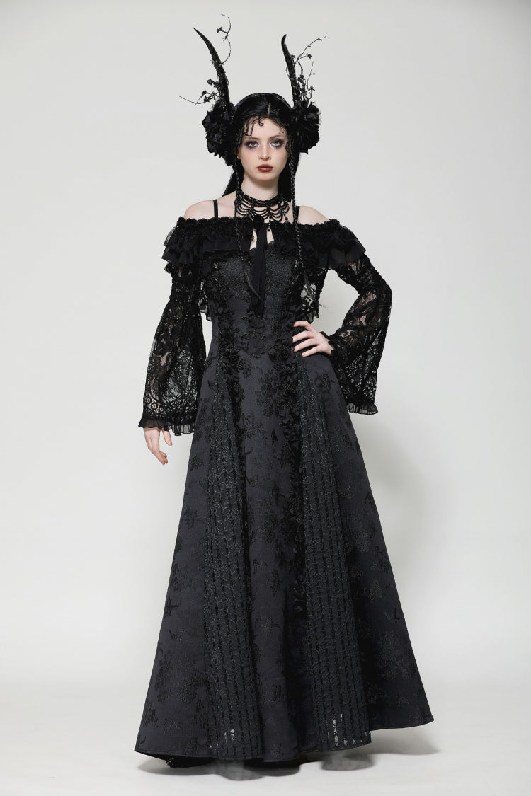 Black Ruffled Off Shoulder Long Bishop Sleeves Lace Women's Gothic Cape - Black - 1