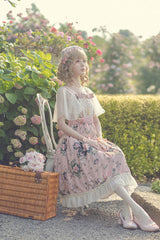 Pink Elegant Vintage French Rose Print Square Collar Ruffled Classic Lolita OP Dress - Product - 4