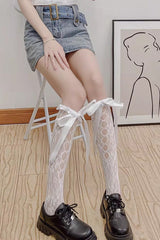 Flower Cut-Out Lace Bow Sweet Lolita Stockings 2 Colors - White (Without Flowers) - 8