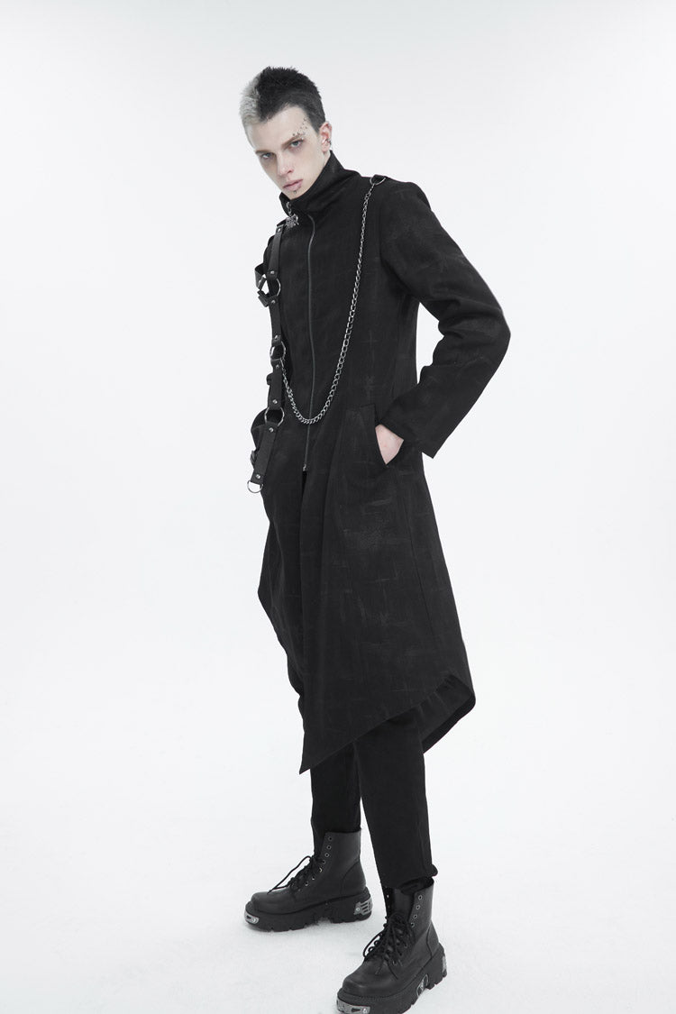 Black Stand Collar Asymmetric Hem Matching Shoulder Strap Long Men's Gothic Coat - Product - 4