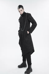 Black Stand Collar Asymmetric Hem Matching Shoulder Strap Long Men's Gothic Coat - Product - 4