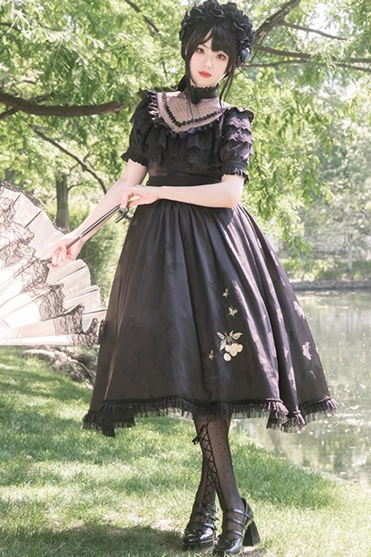 Black Daisy Print Cherry Embroidery Edwardian Collar Short Sleeves Gothic Lolita Dress - Product - 3
