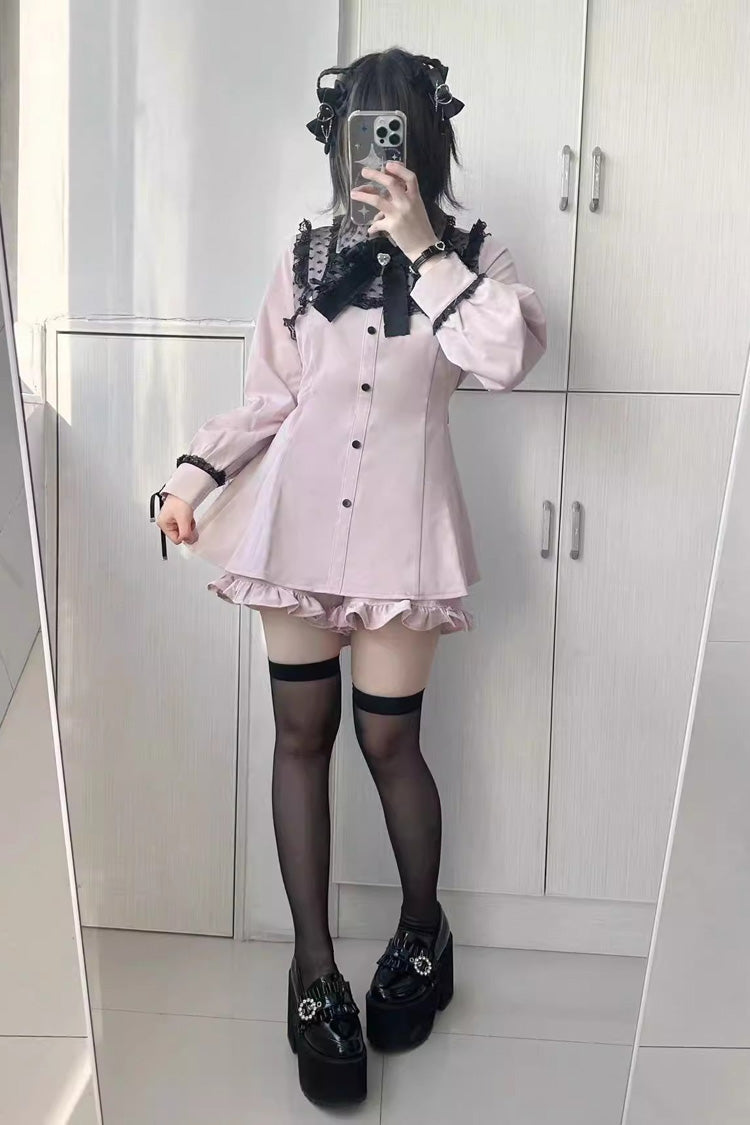 Heart Shape Print Bowknot Lace Sweet Jirai Kei Dress 2 Colors - Product - 2