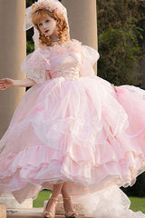Pink Off Shoulder Short Sleeves Multi-Layered Ruffle Hanayome Bowknot Lace Sweet Plus Size Lolita Dress - Product - 2