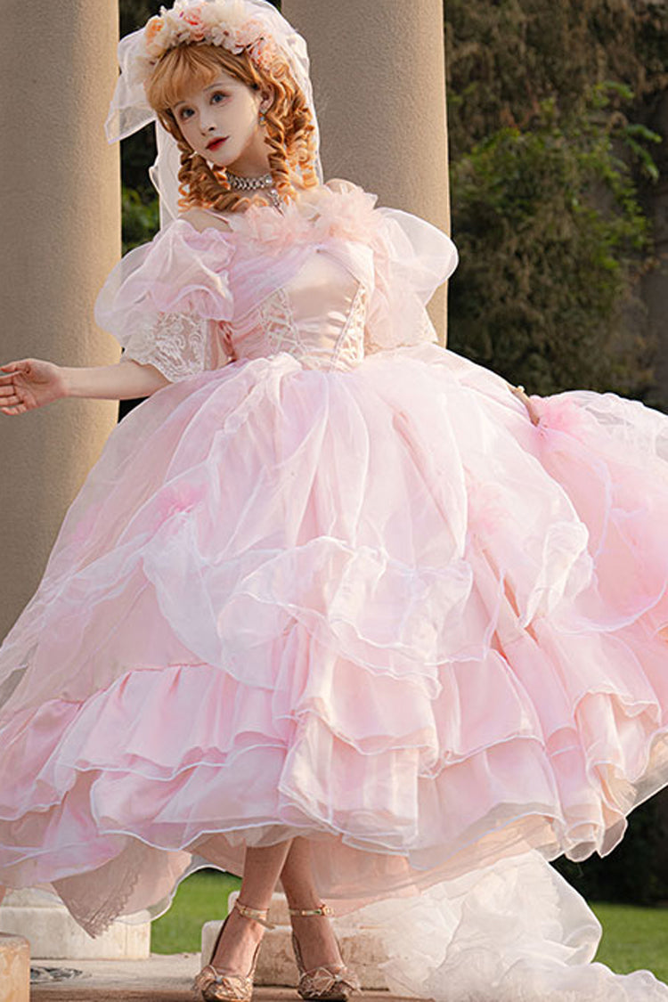 Pink Off Shoulder Short Sleeves Multi-Layered Ruffle Hanayome Bowknot Lace Sweet Plus Size Lolita Dress - Product - 2