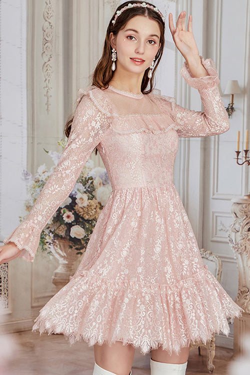 Pink Vintage Lace Round Collar Flower Embroidery Trumpet Sleeves Irregular Hem Sweet Lolita OP Dress - Product - 4