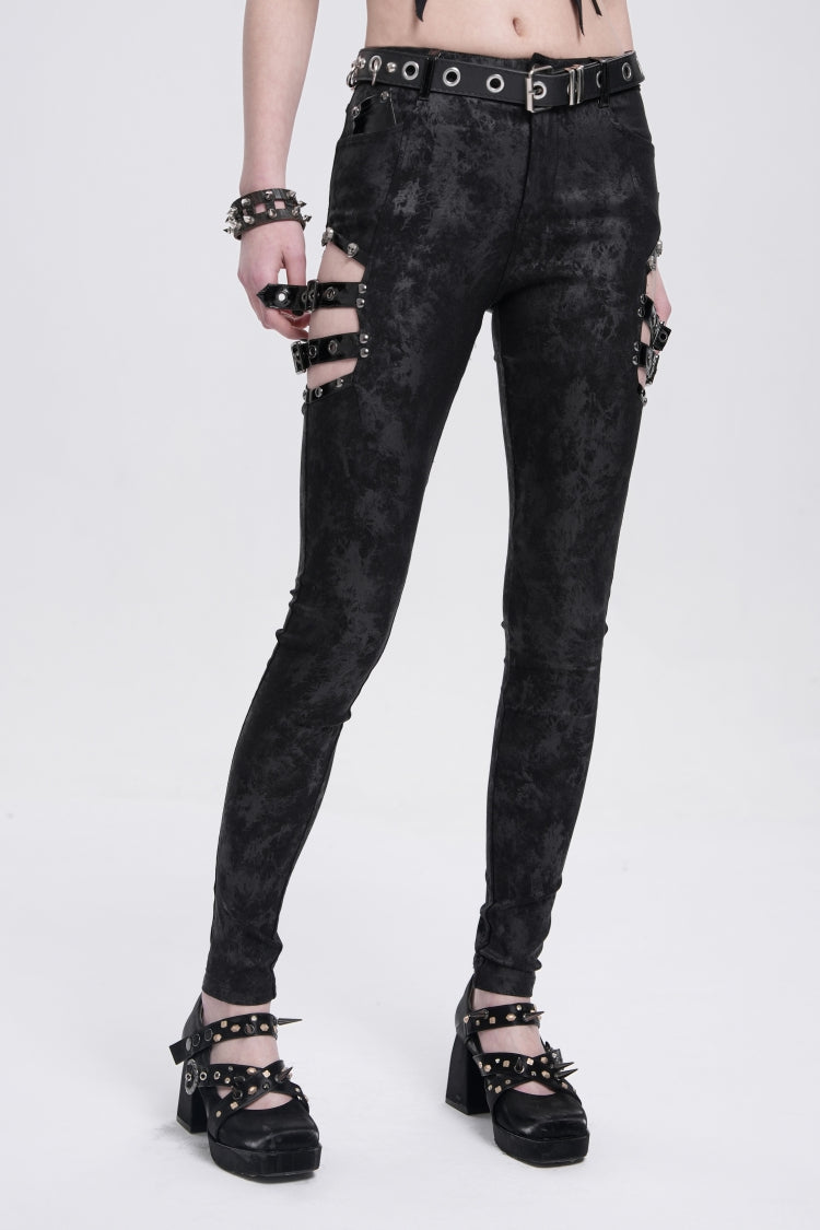 Black Print Cutout Buckle Women's Gothic Pants - Product - 4