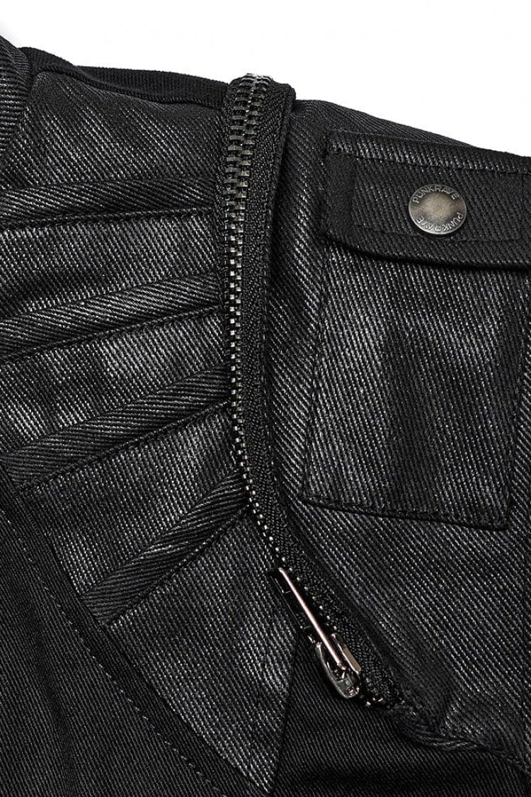 Black Stand Collar Side Waist Webbing Decorative Stitching Mens Steampunk Vest - Product - 8