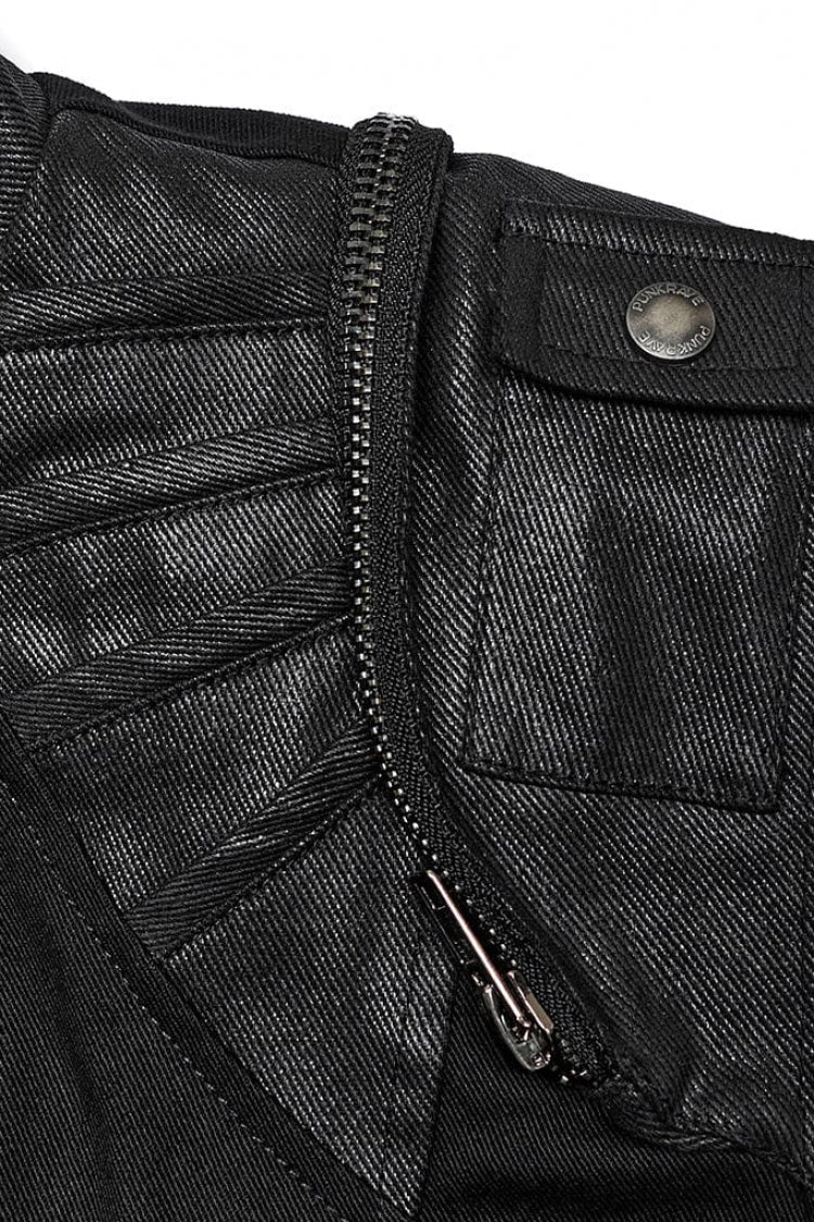Black Stand Collar Side Waist Webbing Decorative Stitching Mens Steampunk Vest - Product - 8