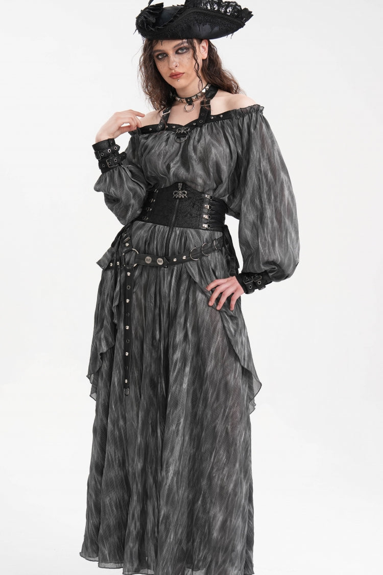 Black Ruffle Lace-Up Women's Gothic Eyelets Rivets Long Skirt - Product - 6