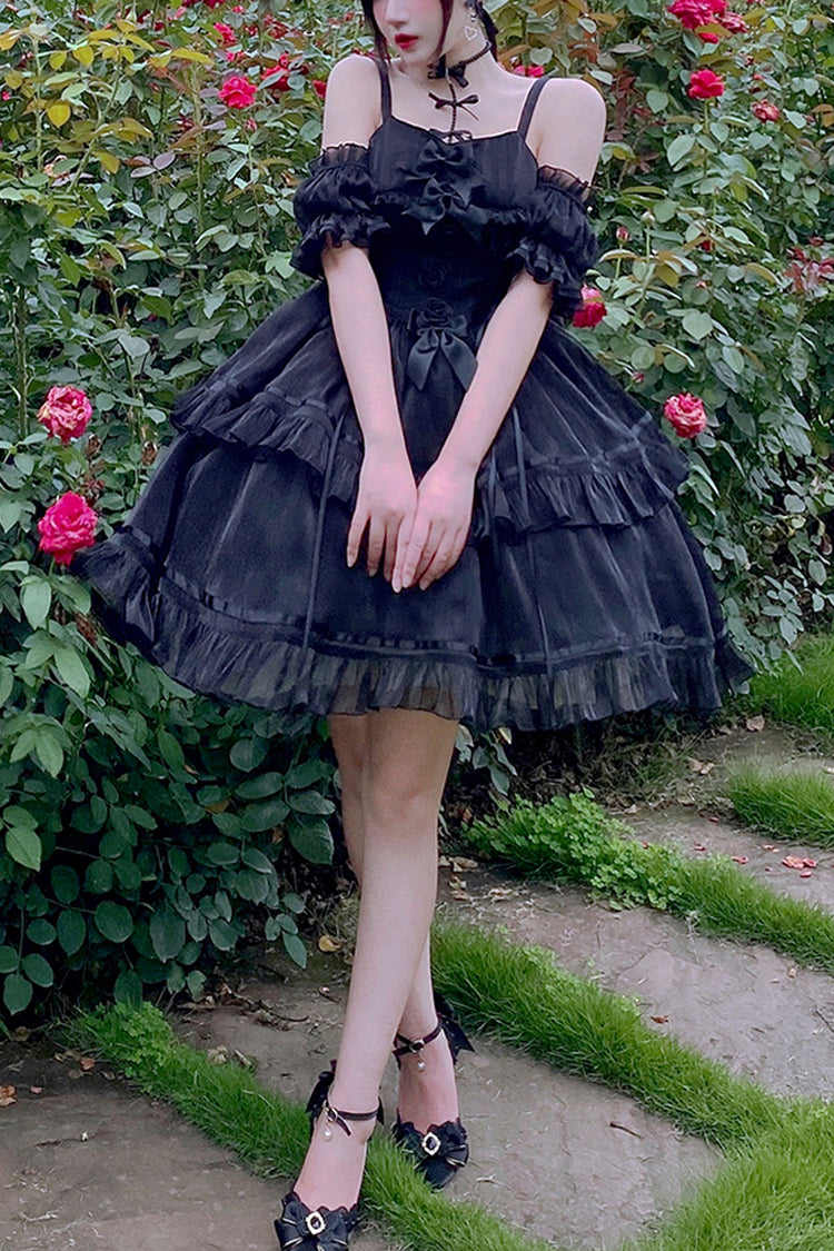 Black Angels Come Detached Hime Sleeves Ruffle Gothic Lolita Jsk Tiered Dress - Black - 1