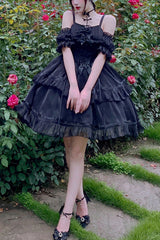 Black Angels Come Detached Hime Sleeves Ruffle Gothic Lolita Jsk Tiered Dress - Black - 1