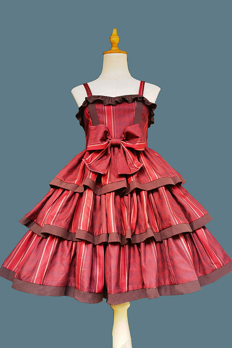 Stripe Print [Cloth Cat] Triple-Layered Ruffle Bowknot Sweet Lolita Dress 4 Colors - Red - 1