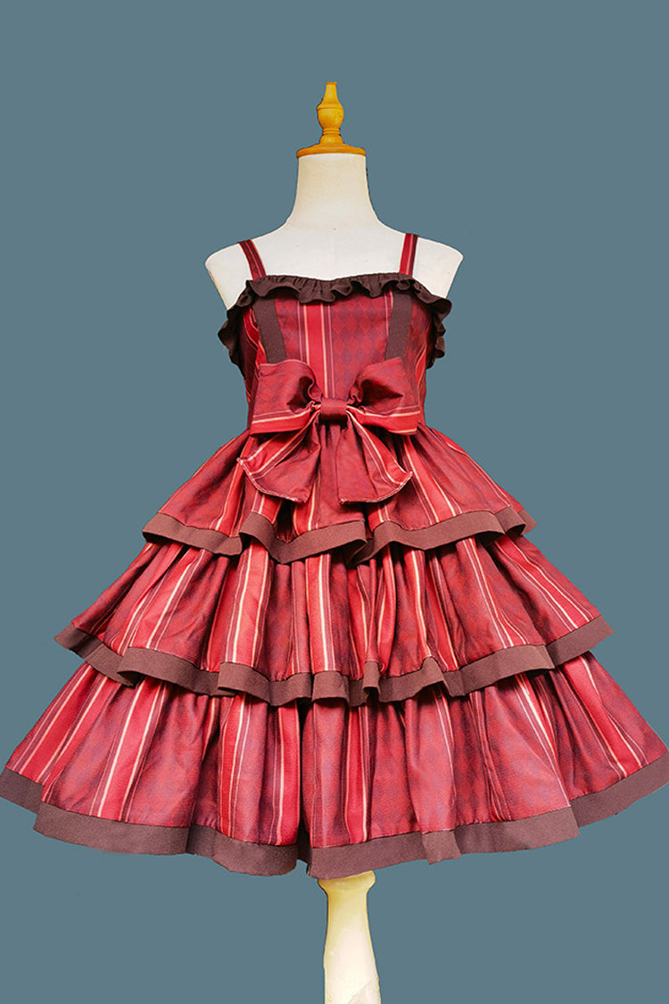 Stripe Print [Cloth Cat] Triple-Layered Ruffle Bowknot Sweet Lolita Dress 4 Colors - Red - 1