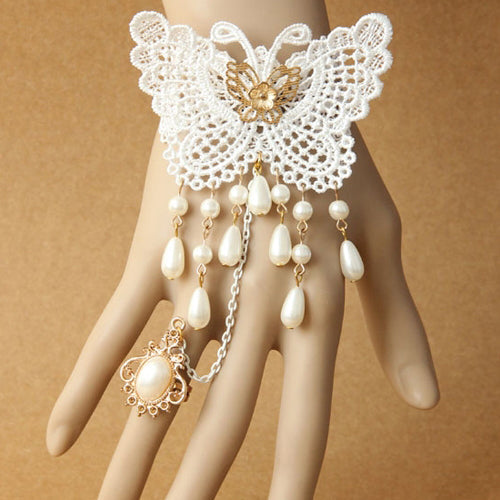 White Vintage Baroque Lace Butterfly Pearl Bride Palace Style Finger Ring Lolita Bracelet - Product - 1