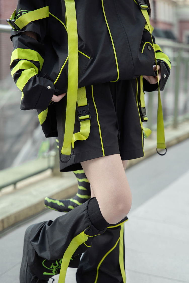 Yellow/Green/Black Long Sleeves Print Cat Ears Hooded Jirai Kei Handsome Coat - Product - 9