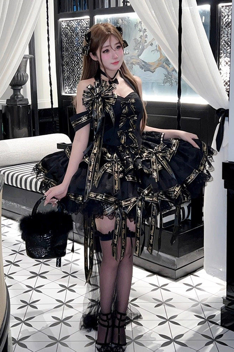 Black [Young Lady] Halterneck Sleeveless Multi-Layered Ruffle Bowknot Elegant Princess Gothic Lolita Dress - Black - 1