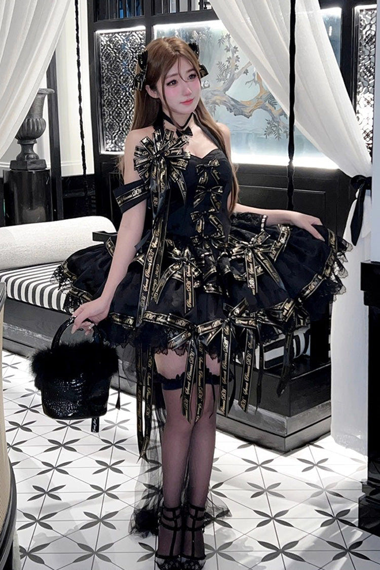 Black [Young Lady] Halterneck Sleeveless Multi-Layered Ruffle Bowknot Elegant Princess Gothic Lolita Dress - Black - 1
