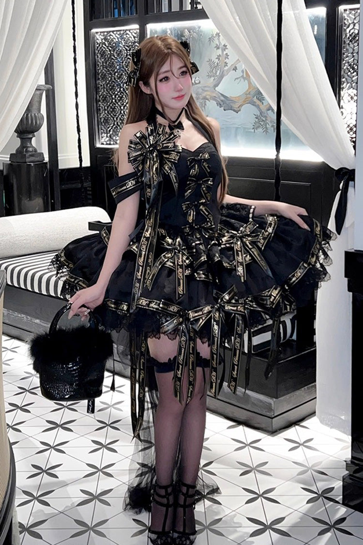 Black [Young Lady] Halterneck Sleeveless Multi-Layered Ruffle Bowknot Elegant Princess Gothic Lolita Dress - Black - 1
