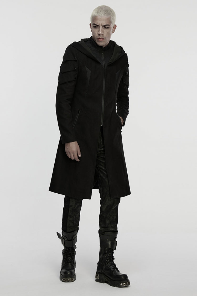 Black Stand Collar Long Sleeves Hooded Zipper Men's Punk Jacket - Product - 4