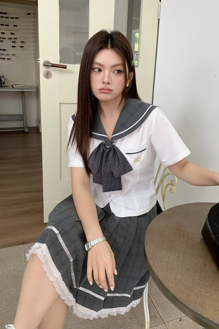 Black/White Short Sleeves Printed Ruffled Bow Plus Size Japanese Preppy Style Sailor Collar  Two-piece Set - Product - 8
