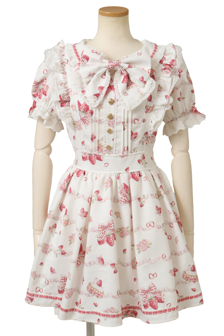 White [Creamy Berry] Print Short Puff Sleeves Ruffle Bowknot Lace-Up Sweet Jirai Kei Japanese Dress - Product - 3