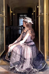 Grey/Pink [Mist-shrouded Vineyard] Sleeveless Ruffle Bowknot Lace-Up Sweet Lolita Jsk Skirt Dress Set - Product - 4