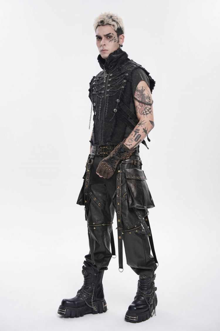 Black Stand Collar Sleeveless Zippered Chain-Decorated Men's Punk Cool Unedged Vest - Product - 3