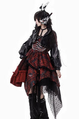 Red [Strawberries of Blood and Tears] Sleeveless Print Ruffle Bowknot Lace Asymmetric Gothic Lolita Jsk Dress - Product - 6