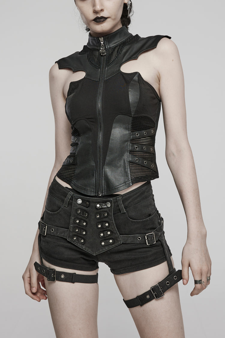 Black Sleeveless Hollow Stretch Knitted Stitching Womens Bat Wings Steampunk Vest - Black - 1