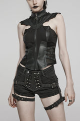 Black Sleeveless Hollow Stretch Knitted Stitching Womens Bat Wings Steampunk Vest - Black - 1