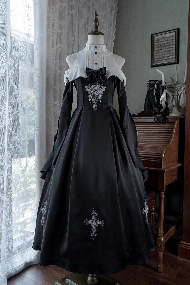 Black [Cross Nun] Stand Collar Off Shoulder Print Bowknot Gothic Elegant Lolita Dress - Product - 3