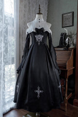 Black [Cross Nun] Stand Collar Off Shoulder Print Bowknot Gothic Elegant Lolita Dress - Product - 3