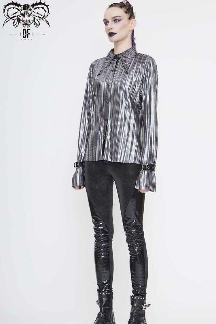 Silver Metal Buckles CuffPleated Pointed Collar Leather Loops Punk Shirt - Product - 3