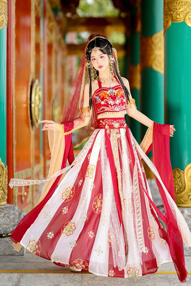 Red Elegant Print Embroidery High Waisted Sleeveless Hanfu Dress Full Set - Product - 3