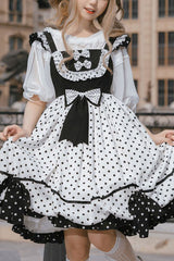 White/Black Polka Dot Print Bowknot Princess Sweet Lolita Suspender Dress - White/Black - 1