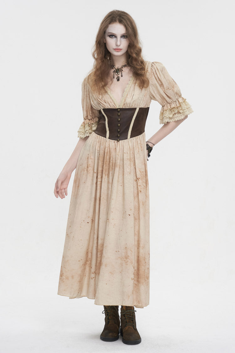 Apricot Plunging Puff Sleeved High Waisted Lace Hem Long Women's Punk Dress - Product - 2