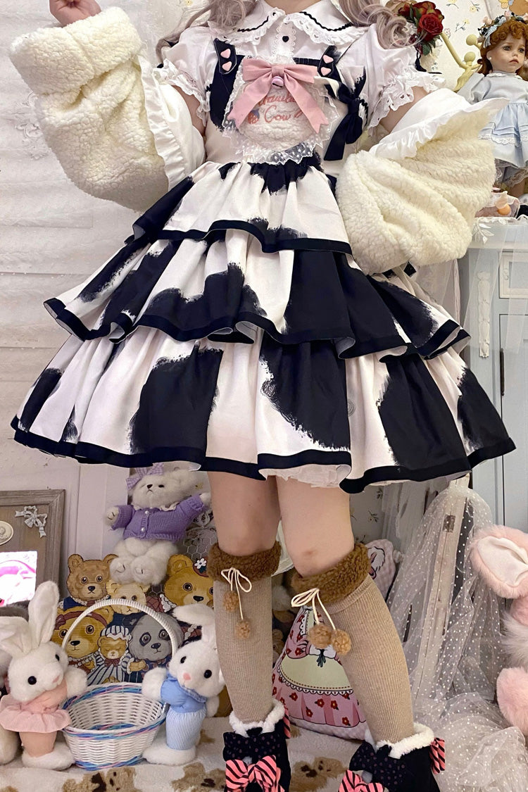 Black Sleeveless Triple-Layered Cow Print Ruffle Bowknot Sweet Lolita Jsk Dress - Black - 1