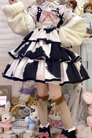 Black Sleeveless Triple-Layered Cow Print Ruffle Bowknot Sweet Lolita Jsk Dress - Black - 1