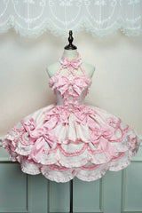 Pink [Sweetheart Petals] Halterneck Sleeveless Multi-Layered Jacquard Ruffled Bow Pearl Detail Sweet Lolita Jsk Dress - Pink - 1
