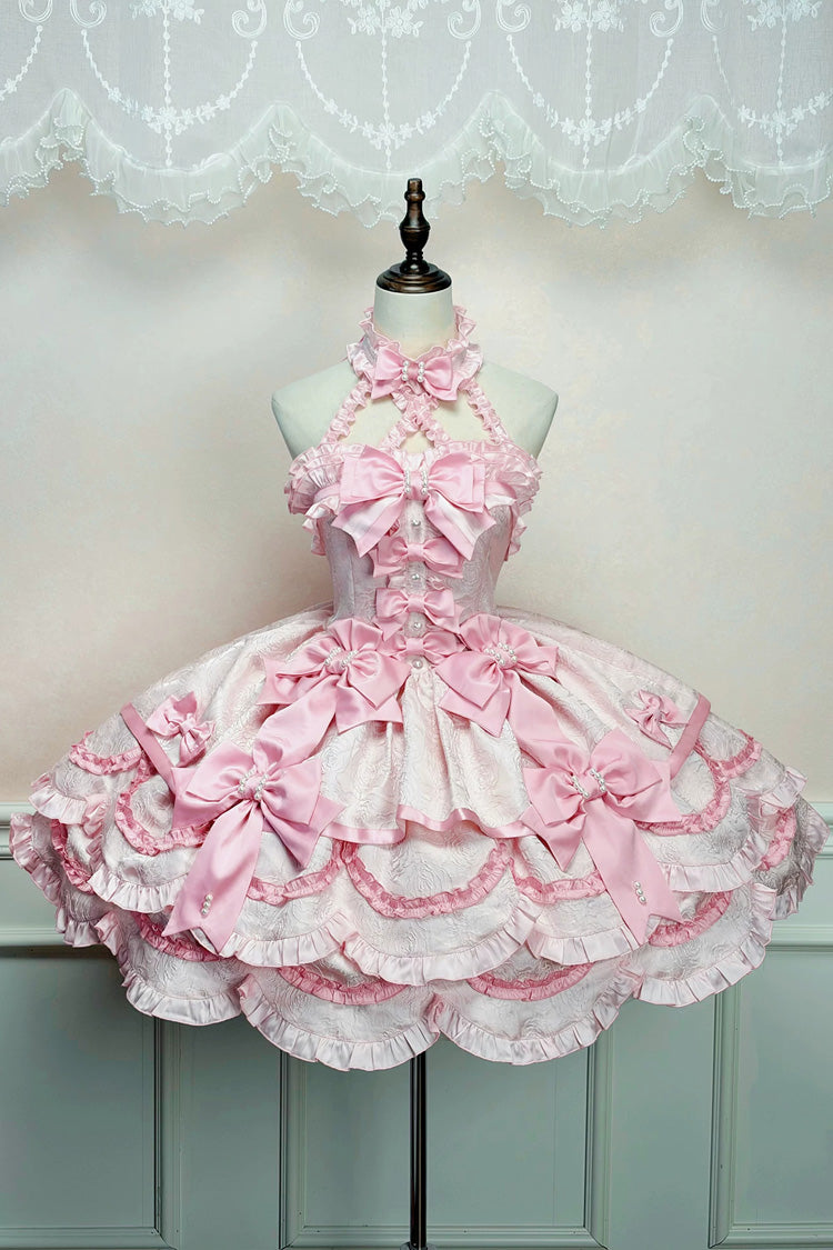 Pink [Sweetheart Petals] Halterneck Sleeveless Multi-Layered Jacquard Ruffled Bow Pearl Detail Sweet Lolita Jsk Dress - Pink - 1