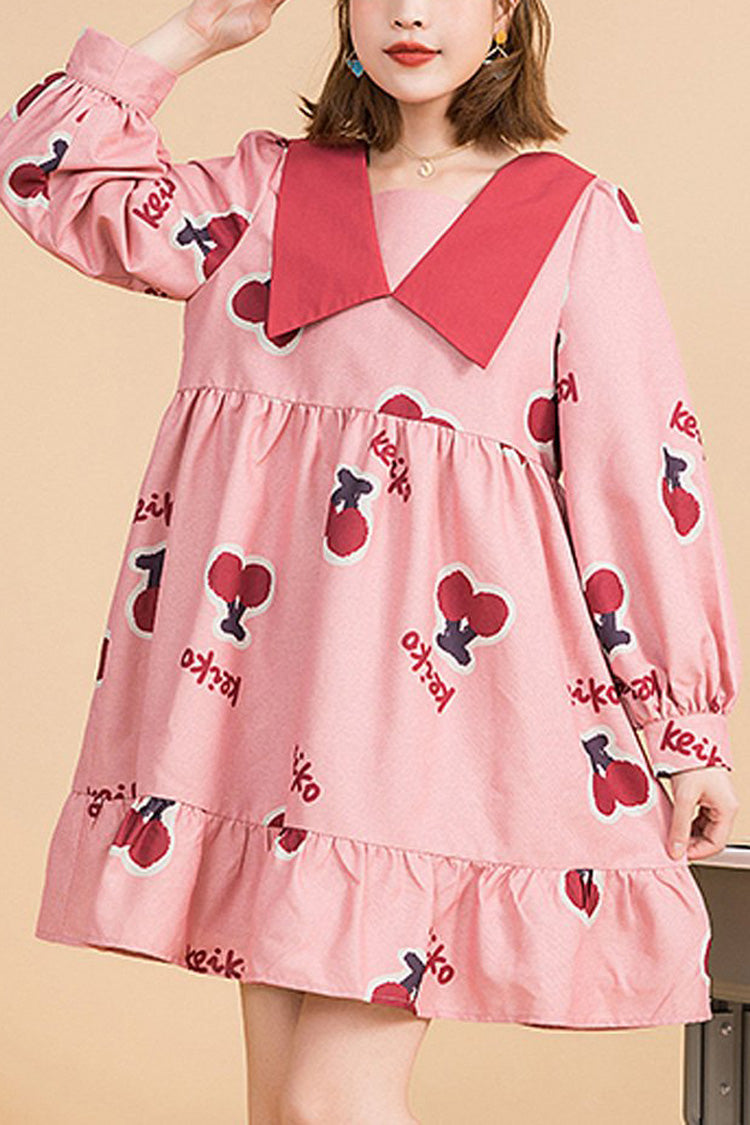 Pink Lapel Collar Long Sleeved Cherry Print Stitching Bowknot Ruffled Slimming Sweet Lolita Dress - Pink - 1