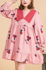 Pink Lapel Collar Long Sleeved Cherry Print Stitching Bowknot Ruffled Slimming Sweet Lolita Dress - Pink - 1
