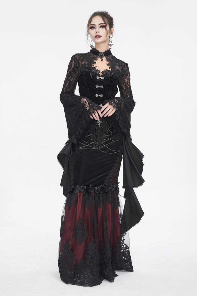 Black Long Trumpet Sleeves Stitching Lace Women's Gothic Blouse - Product - 3
