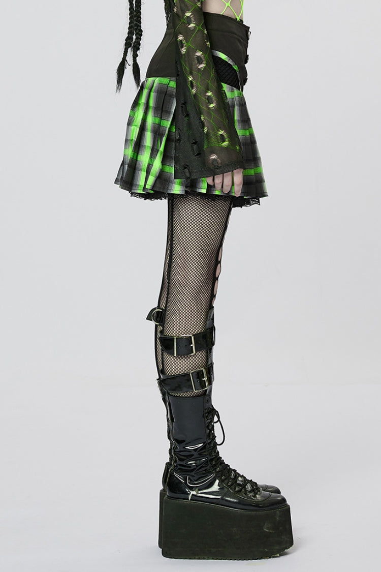 Black/Green Double Breasted Print Ruffle Lace Women's Steampunk Pleated Skirt - Product - 2