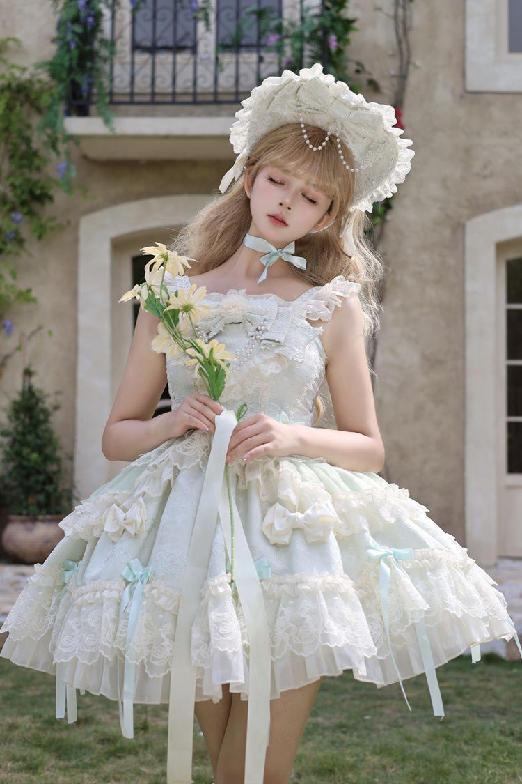 Green [Blossoming Heart Love ] Sleeveless Dark Jacquard Print Bowknot Lace Sweet Lolita Jsk Dress - Product - 3