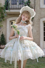 Green [Blossoming Heart Love ] Sleeveless Dark Jacquard Print Bowknot Lace Sweet Lolita Jsk Dress - Product - 3